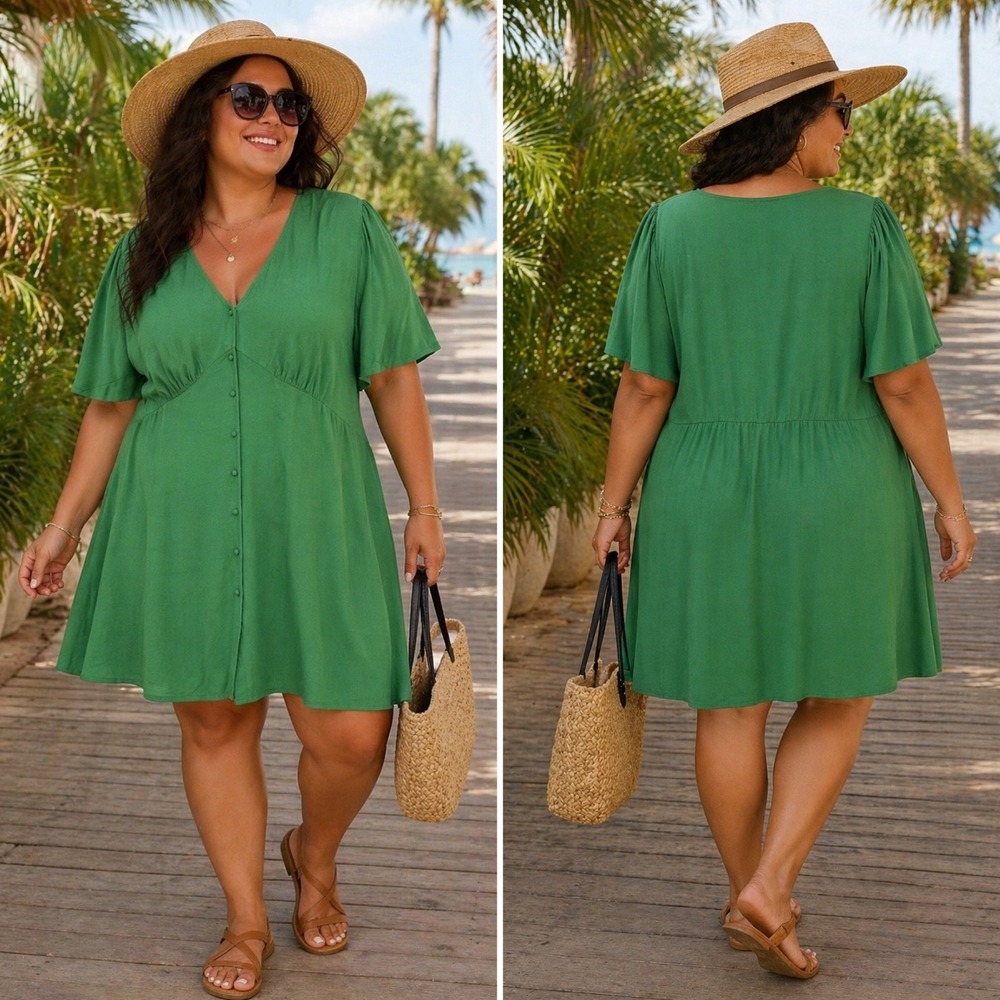 Old Navy Crepe Button Front Dress 3X 24/26 Green Tarp Empire Waist Plus Size NWT